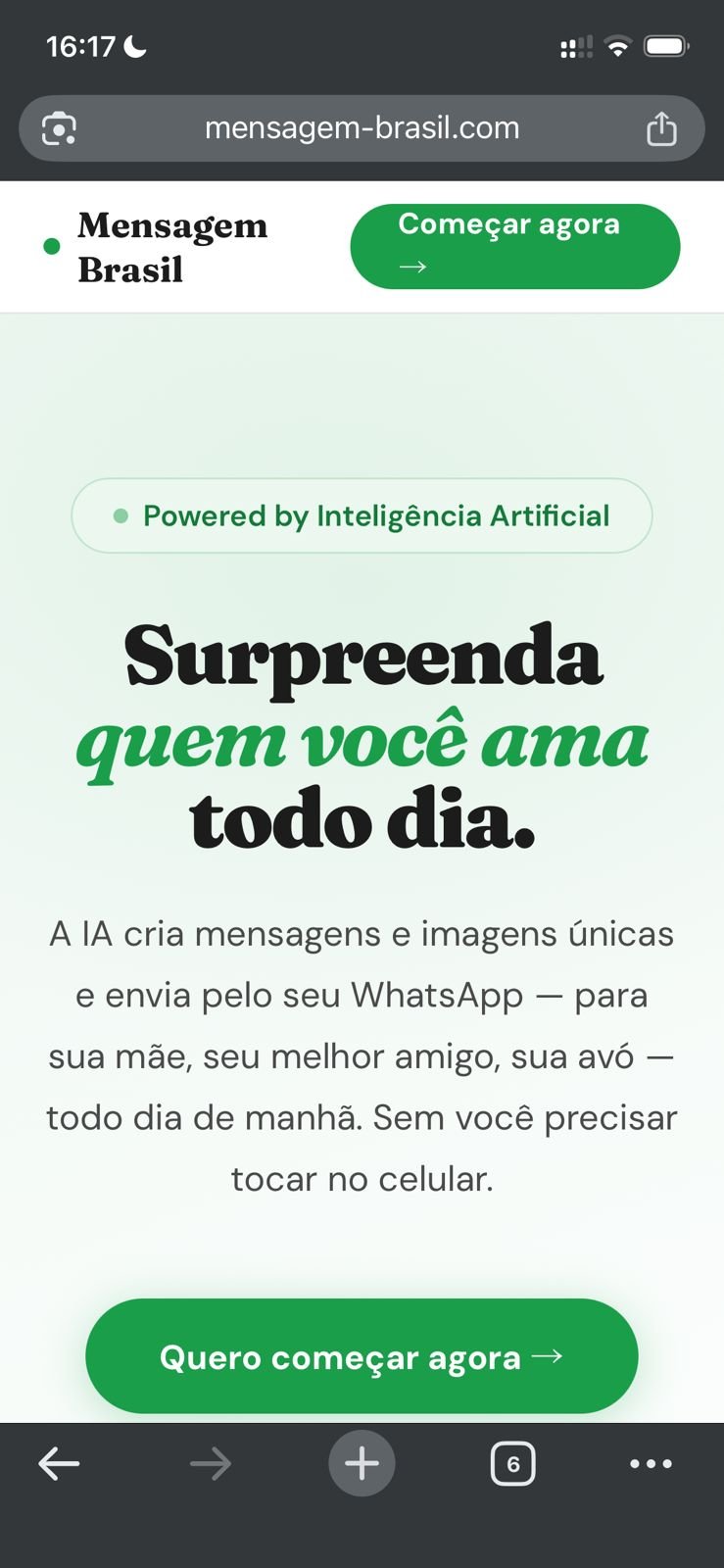 Hero da landing page Mensagem Brasil: Surpreenda quem você ama todo dia