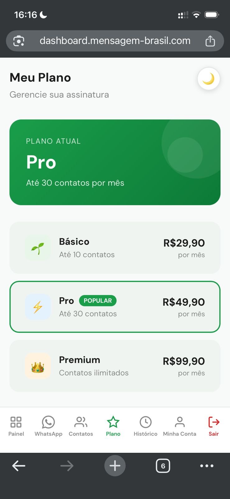 Tela de plano mostrando Pro ativo e opções Básico, Pro e Premium