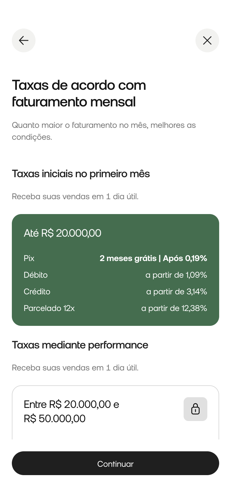 Tela mostrando taxas de acordo com faturamento mensal, com tier ativo destacado e próximo tier bloqueado