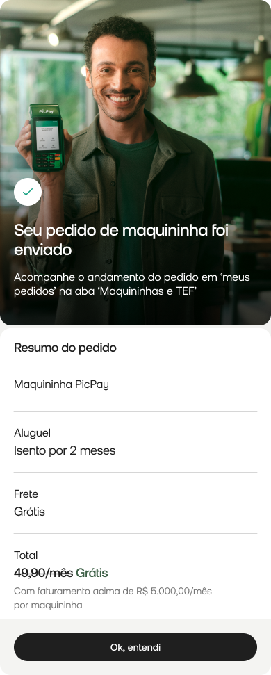 Tela de confirmação 'Seu pedido de maquininha foi enviado' com resumo do pedido